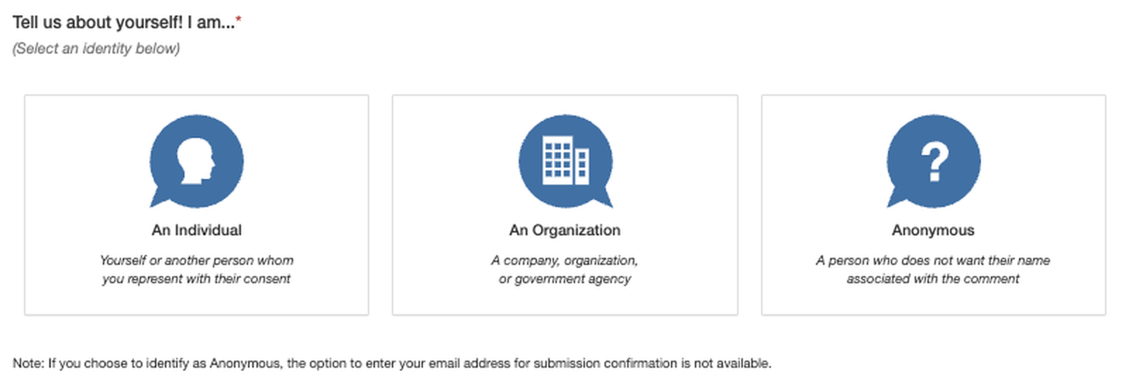 Las tres tarjetas para escoger identidad: An Individual, An Organization y Anonymous.