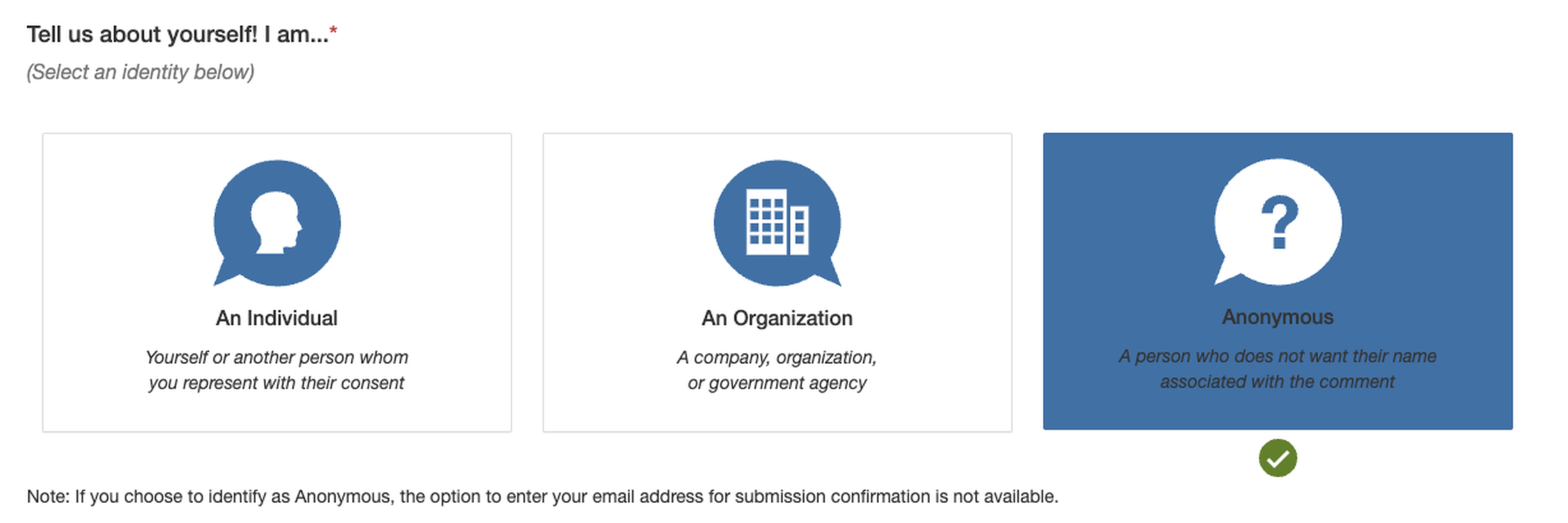 La tarjeta Anonymous seleccionada, en azul y con una palomita verde, y la nota que dice que con Anonymous no está disponible la confirmación por correo.